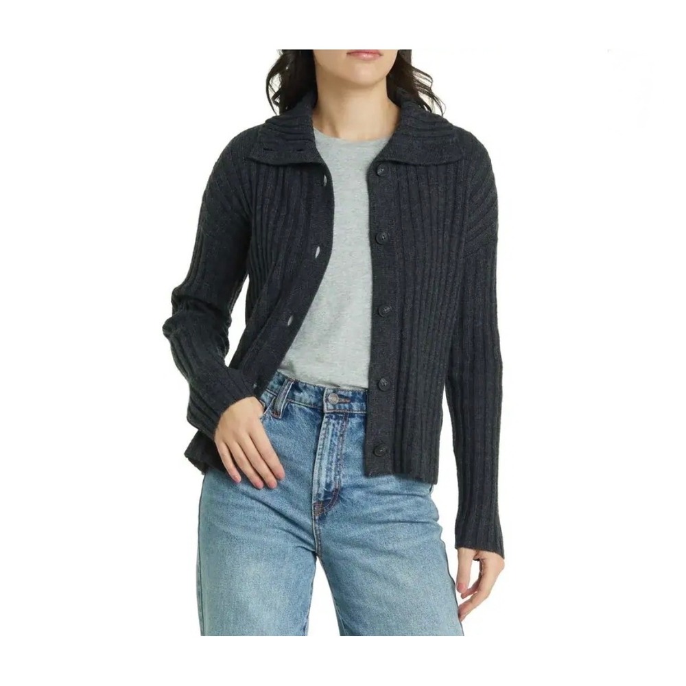 Madewell Wool Blend Oversized Collar Cardigan Charcoal Grey Ribbed Sweater